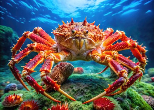 Vibrant red king crab, Paralithodes camtschaticus, with intricate shell, claws, and legs, on a rocky ocean floor amidst seaweed and coral reef marine life.