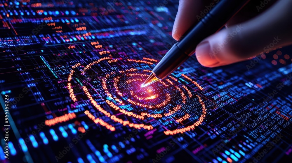 Poster a close-up of a hand using a pen to interact with a vibrant digital interface, showcasing intricate 