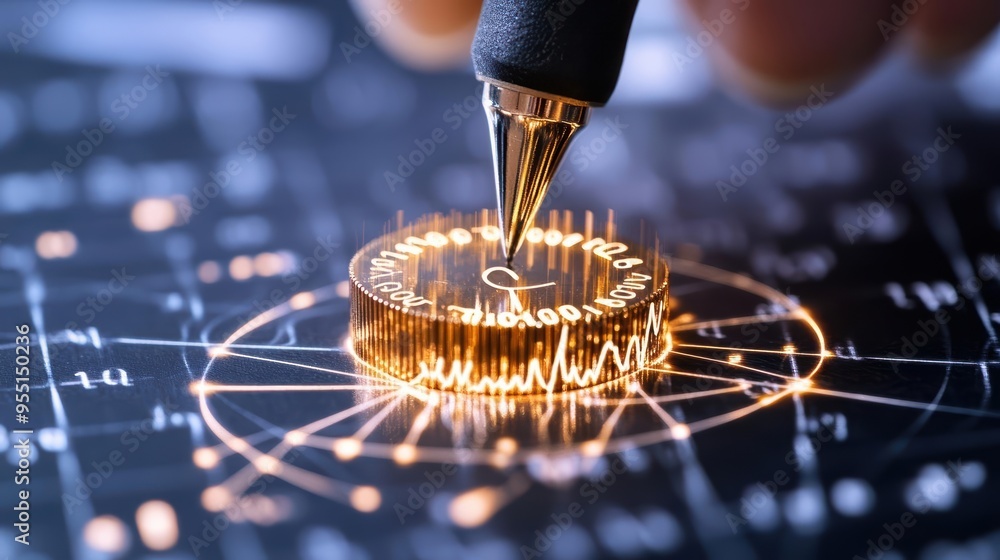 Poster a close-up of a hand using a pen to tap on a glowing coin with a data pattern, symbolizing finance a