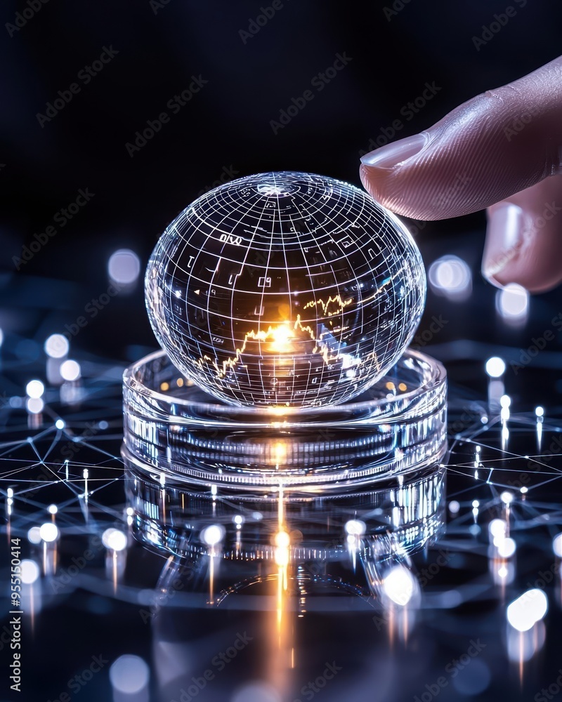 Aufkleber a creative representation of a globe held by a hand, illuminated against a backdrop of light and tec