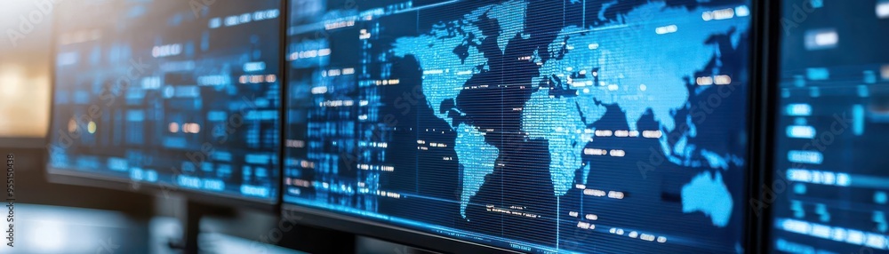 Poster monitors global data on large screens in a modern control room, focusing on information and analytic