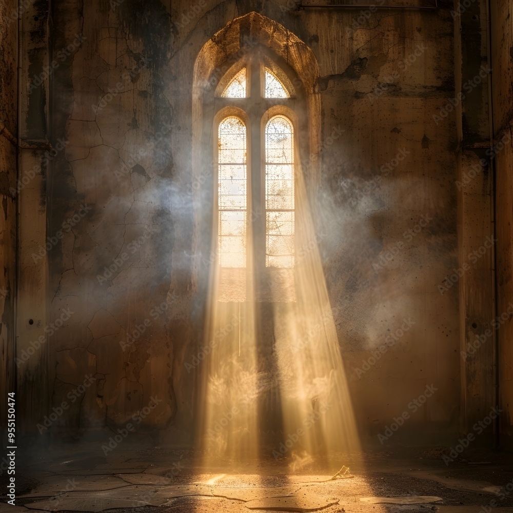 Poster illuminating cross shaped window in an ancient cathedral beams of light streaming through