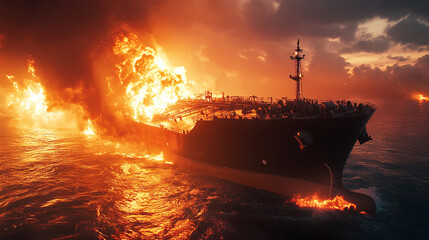 Fire on a cargo ship. A ship carrying liquefied gas caught fire. Explosion and fire on an oil tanker on the high seas. Shelling of an oil or gas tanker. 3D rendering. Illustration. © Vladimir