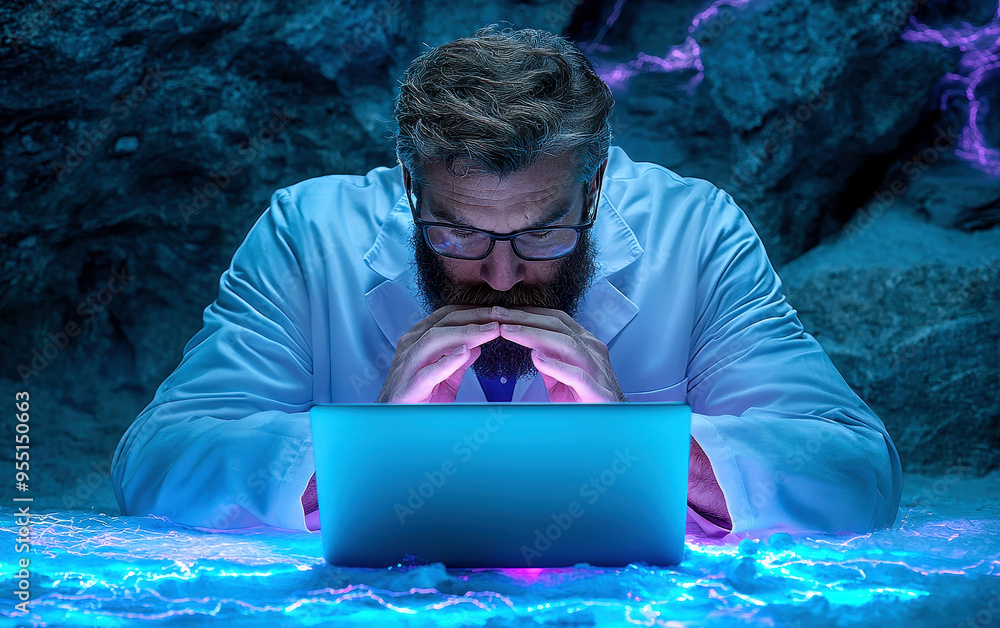 Poster a focused scientist working on a laptop in a mysterious environment with glowing elements, showcasin