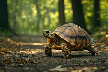 Obraz premium A Yellow-Footed Tortoise Walking Through A Forest