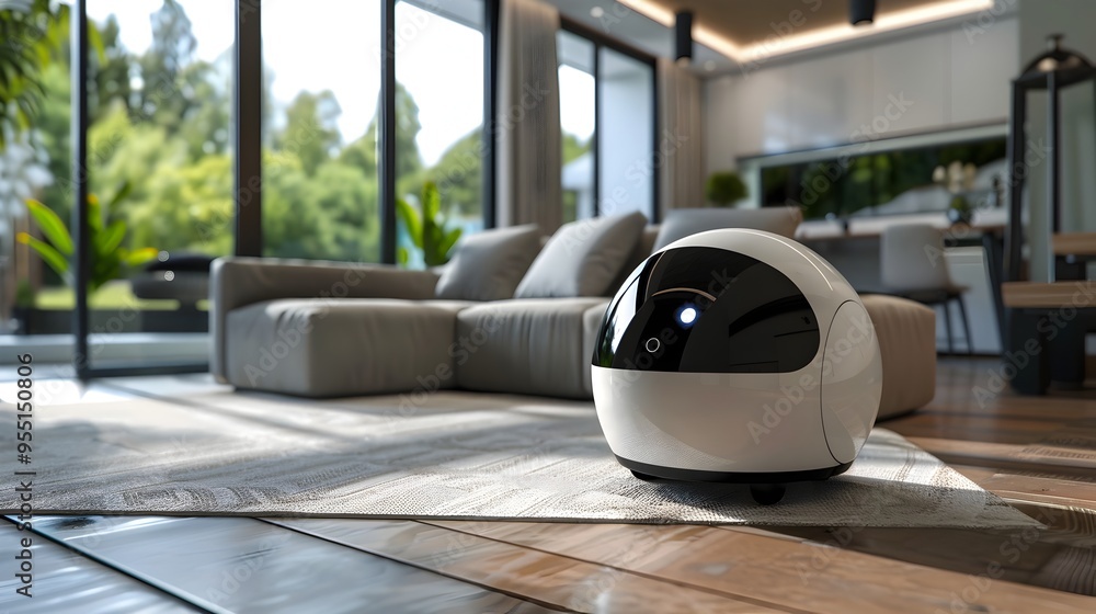 Poster elegant home security robot patrolling stylish living space with advanced sensors and