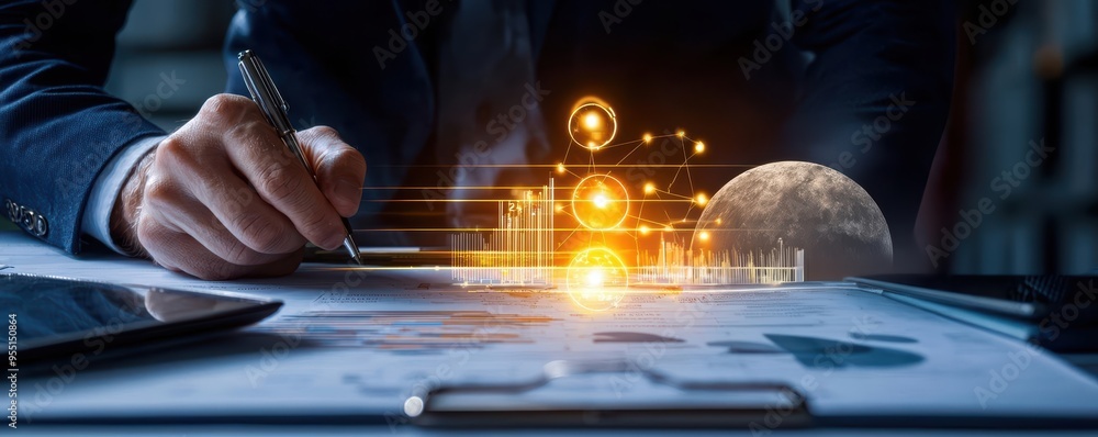 Poster a professional working on innovative solutions with digital elements and a futuristic design in the 