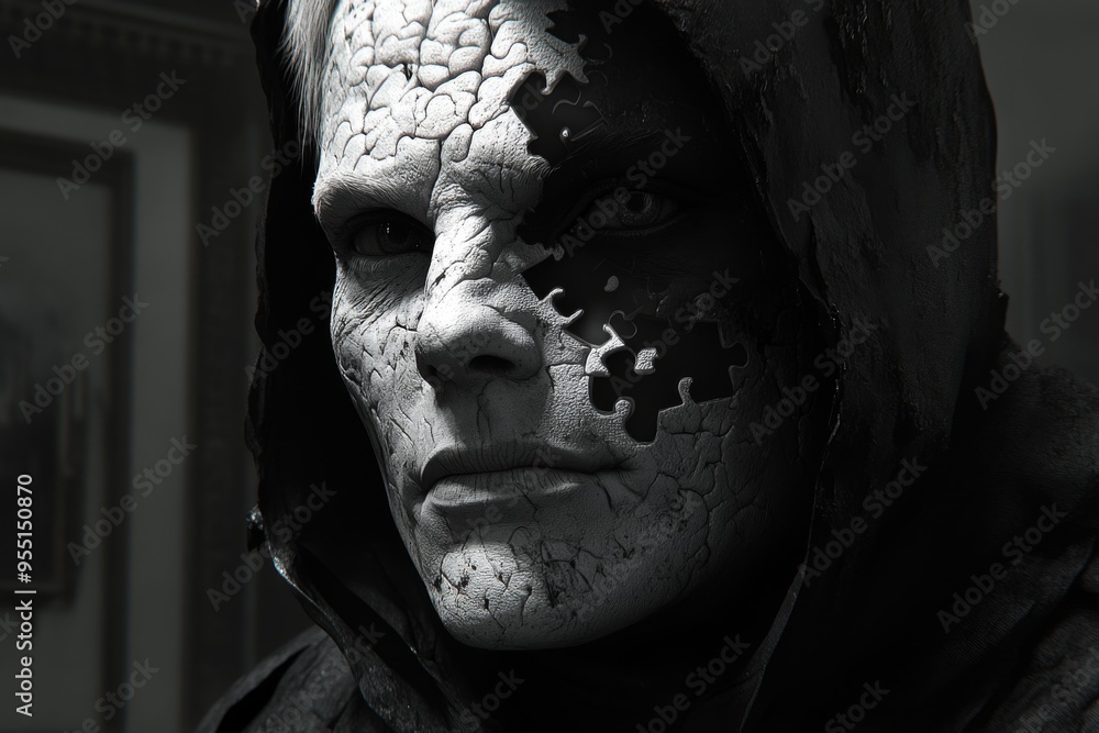 Poster decision theory cerebrum a man with a cracked weathered face symbolizing the erosion of identity and