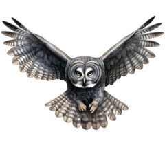 A Great Grey Owl In Flight With Spread Wings