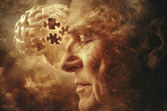 Concrete thinking Cerebrum An elderly man with a brain partially made of puzzle pieces symbolizing the fragmentation of memory and the complex nature of aging and cognition