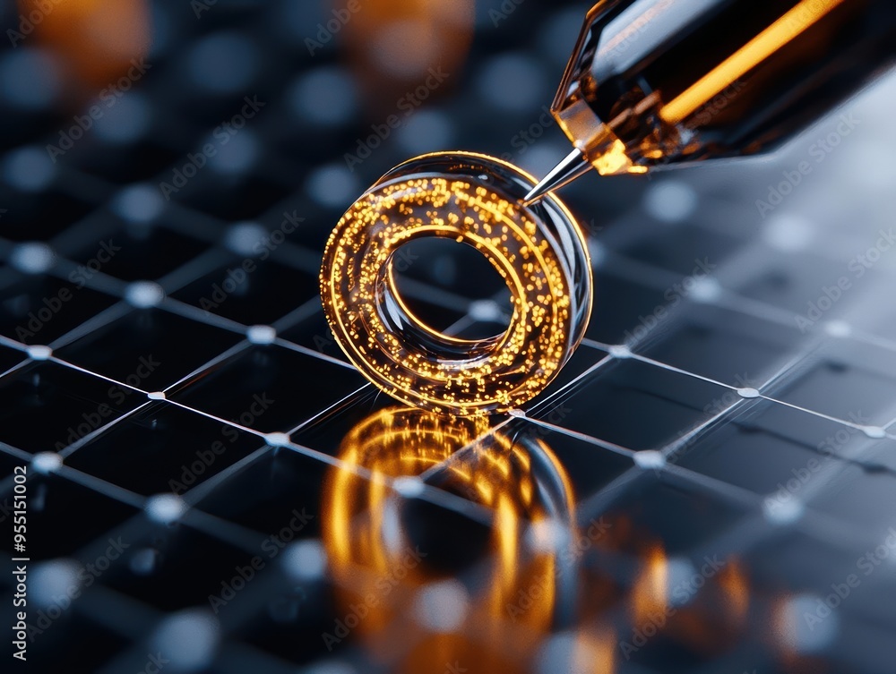 Poster close-up of a glowing circuit element being designed with a precision tool on a digital grid, showca