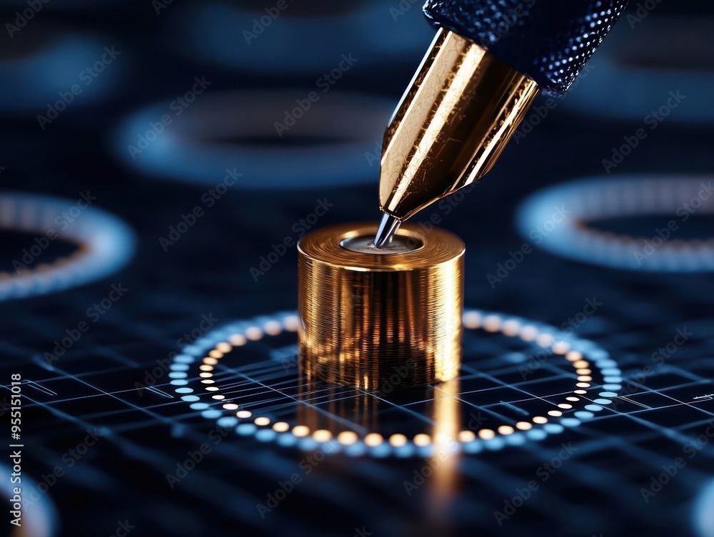 Poster close-up of a gold pen tip poised over a circular metallic element on a high-tech surface, showcasin