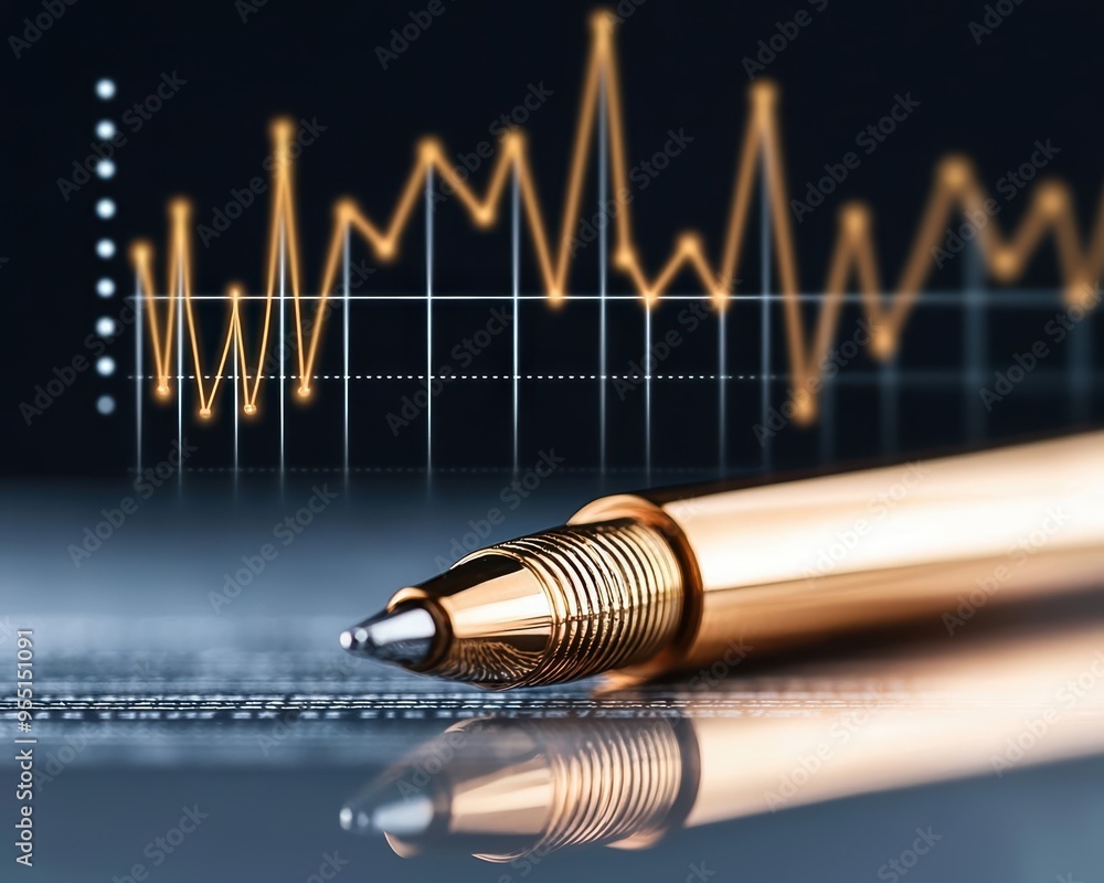 Poster close-up of a golden pen resting on financial data sheets, reflecting fluctuating graph lines and tr