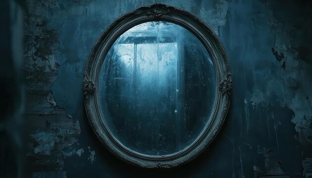 Haunted mirror with ghostly reflections, placed on a dark wall, eerie style, close-up, soft lighting, high contrast, spooky mood