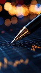 Close-up of a pen poised over a financial chart, symbolizing investment, analysis, and business strategy in a modern setting.