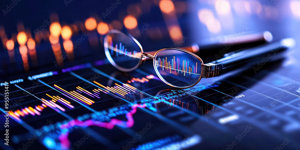 Poster close-up of glasses on a financial report with graphs and charts, symbolizing investment and analysi