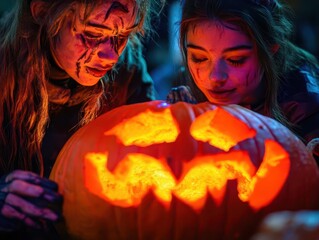 Pumpkin carving contest with participants in costumes, set in a dark room, festive style, wide shot, soft lighting, vibrant colors