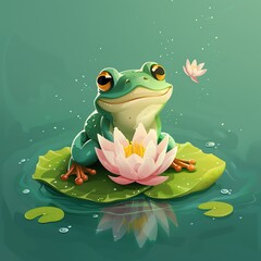 A charming frog sits on a lily pad, surrounded by blooming flowers and gentle water droplets, evoking serenity and nature's beauty.
