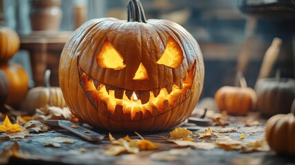 Pumpkin carving ideas displayed on a table, with tools and patterns, creative style, close-up, soft lighting, warm tones, high detail