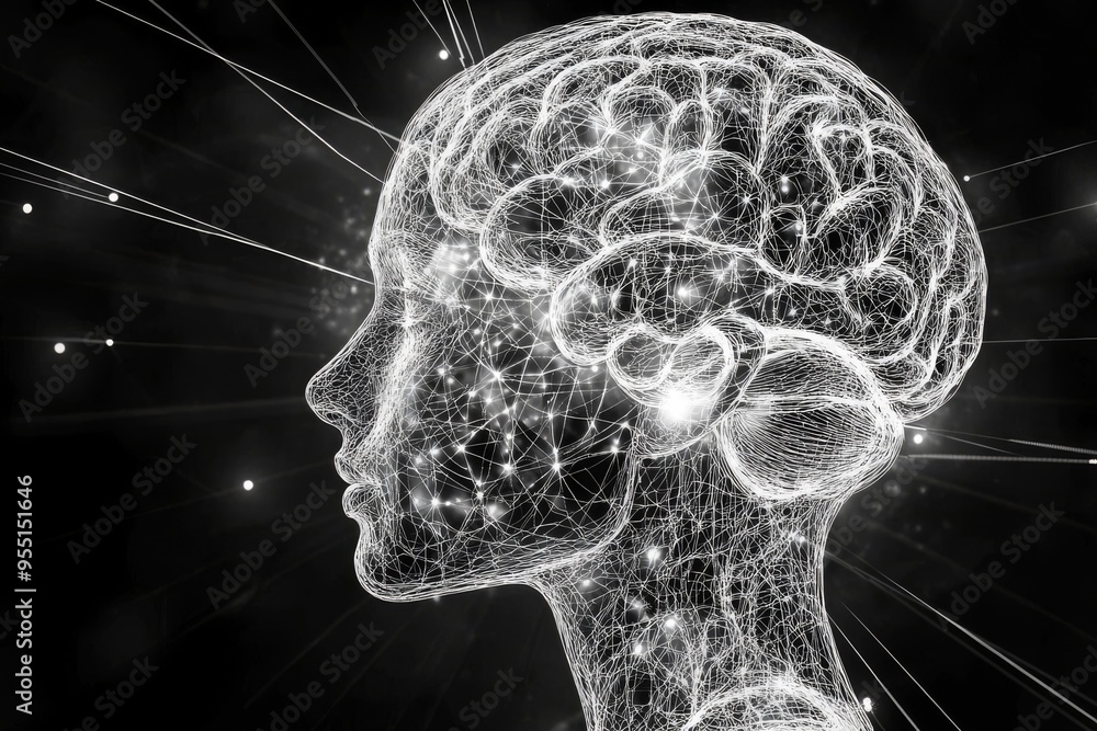 Poster cognitive processes cerebrum a woman’s silhouette with a glowing brain in a dark space symbolizing t
