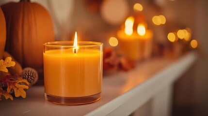 Pumpkin spice candles burning on a mantle, surrounded by autumn decor, cozy style, close-up, soft lighting, warm tones, high detail
