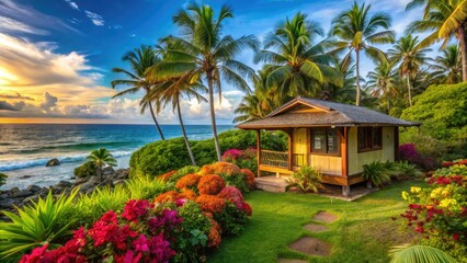 Vibrant tropical flowers and lush greenery adorn a serene beachside hut on the tranquil shores of Hawi, exuding a sense of peaceful island escapism.