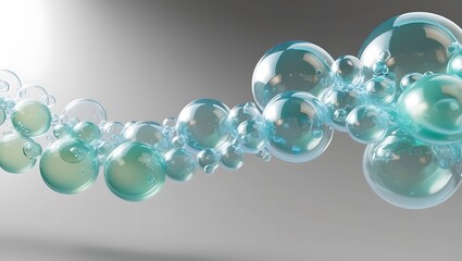 Design a dynamic image featuring a stream of translucent bubbles flowing horizontally across a transparent background.