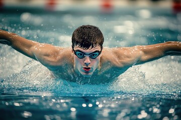 Male swimmer in butterfly stroke action in swimming pool