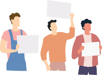 Group of diverse young modern women standing together and holding blank sign, flag and megaphone. Woman rights and solidarity concept. Hand drawn colorful vector illustration.