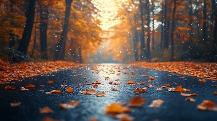 A close-up of a scenic road winding through an autumn forest, with leaves scattered across the pavement. The warm light of the setting sun creates a golden glow,