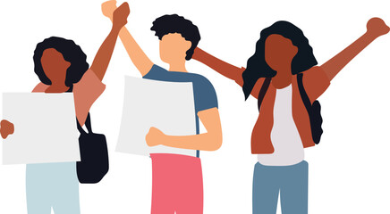Group of diverse young modern women standing together and holding blank sign, flag and megaphone. Woman rights and solidarity concept. Hand drawn colorful vector illustration.