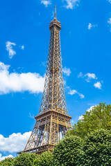 Eiffel Tower on a summer day with a clear blue sky in Paris, France