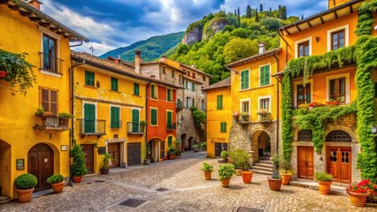 Fototapeta premium Vibrant yellow and orange buildings line the charming cobblestone streets of a picturesque Italian village, with ancient architecture and lush greenery surrounding a tranquil town square.