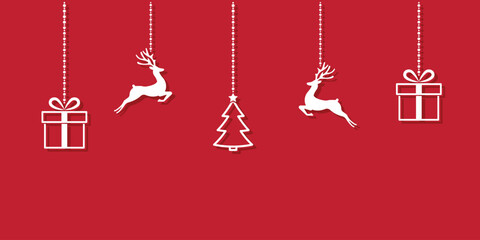 hanging icons, deer, gift box, christmas tree on red background, christmas pattern, simple winter holiday design, vector illustration