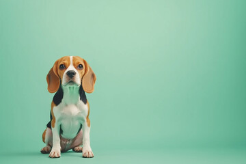 The photo of Dog French bulldog, Labrador retriever ,Golden retriever,  German shepherd ,Poodle, Beagle
 with a cheerful expression is sitting upright and alert on the left side of a solid  background