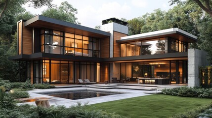 Fototapeta premium Modern house with glass walls and a serene outdoor pool.