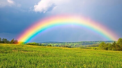 Naklejka premium Bright rainbow over a rural landscape after a rainstorm, colorful weather, hope and renewal