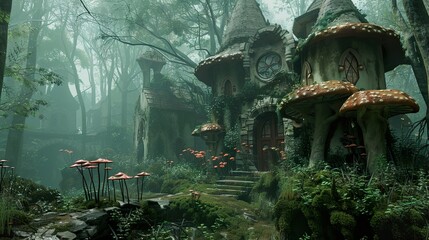 A whimsical fairytale cottage nestled in a dense, foggy forest, with a pathway leading to the entrance, adorned with mushroom-shaped structures and vibrant red flowers.