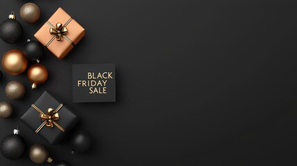 Elegant black Friday sale composition with stylish gifts and festive decorations on a sleek black background.