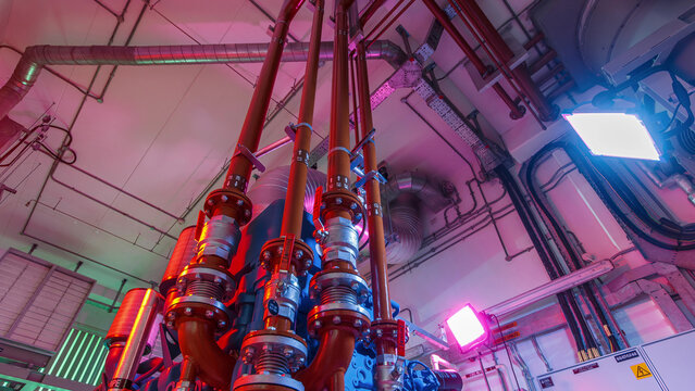 Diesel electric generator in power supply room of data center timelapse hyperlapse