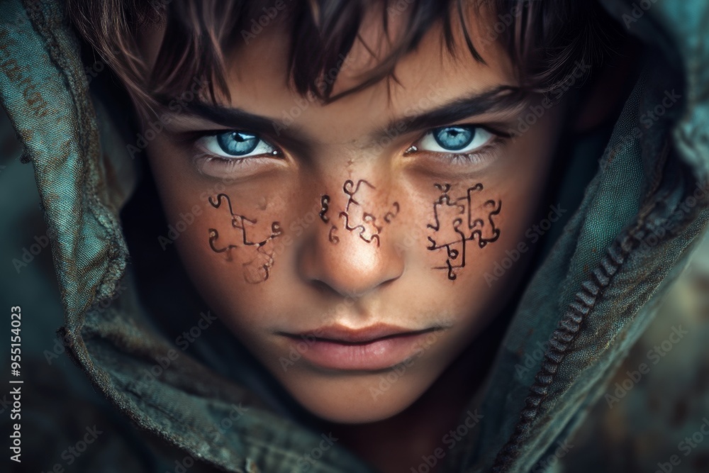 Aufkleber cognitive bias intelligence close up of a boy with puzzle pieces on his face symbolizing the develop