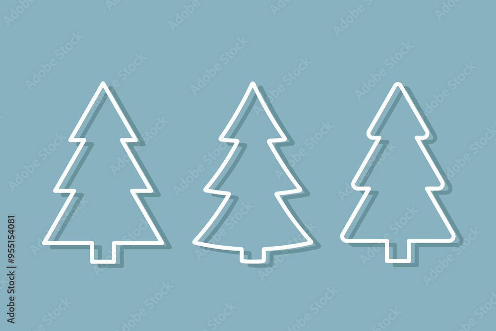 Wall mural evergreen conifer white line icon set, fir, spruce tree, set of three simple vector elements on blue
