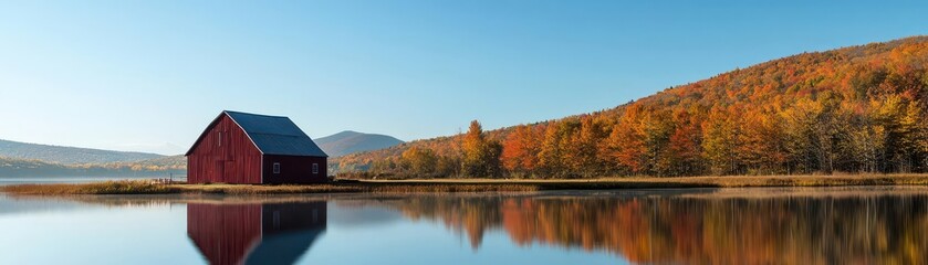 Obraz premium Peaceful autumn landscape with a red barn by a reflective lake and colorful foliage on a clear day Serene nature scene