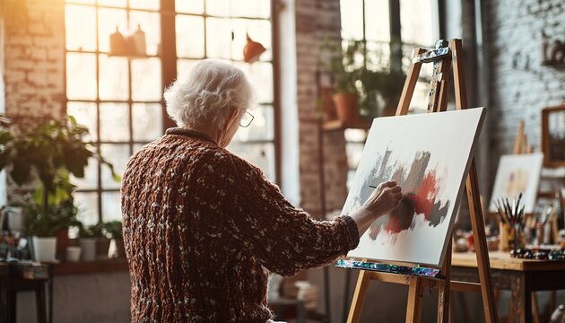 Elderly artist immersed in a vibrant canvas, showcasing joy and creativity in retirement. Happy retire.