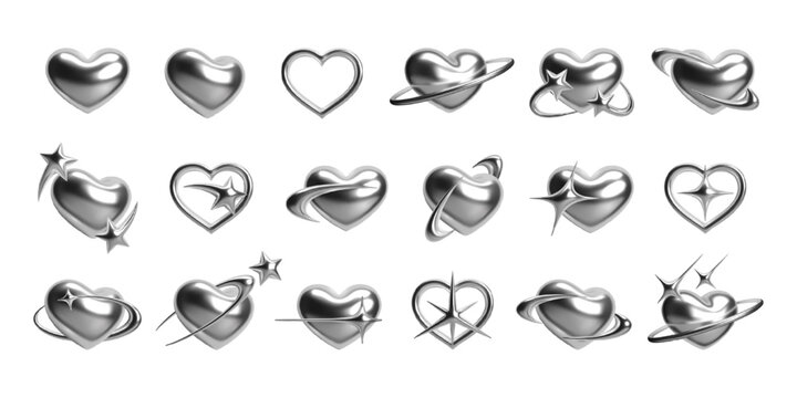 3d metallic chrome hearts set with futuristic Y2K elements. Glossy silver hearts in various shapes, stars, rings, spark effects. Ideal for cyber, cosmic, celestial, Y2K, and romantic themes