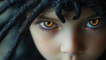 Spider headband with realistic spider legs, worn by a child in costume, creepy style, close-up, soft lighting, high detail, dark tones