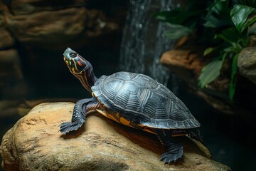 Obraz premium A Red-eared Slider Turtle Perched on a Rock