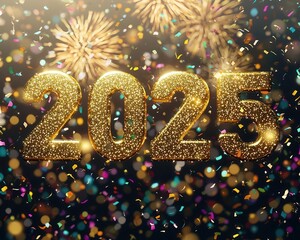 Happy New Year 2025 banner, sparkling golden text, vibrant confetti, festive fireworks in background, modern Generative AI style, celebratory digital design