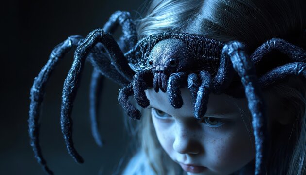 Spider headband with realistic spider legs, worn by a child in costume, creepy style, close-up, soft lighting, high detail, dark tones