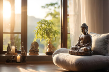 Buddha statuette home decoration in living room with soft light and window
